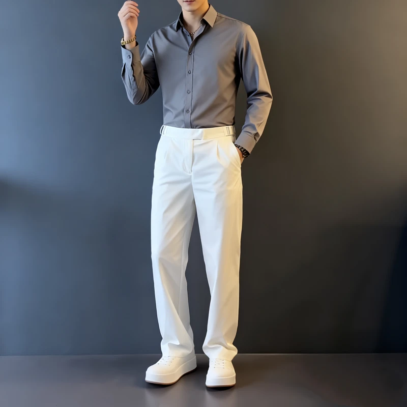 轻奢男装大码潮牌男士时尚秋冬厚款直筒拉腰设计休闲裤阔腿黑色潮