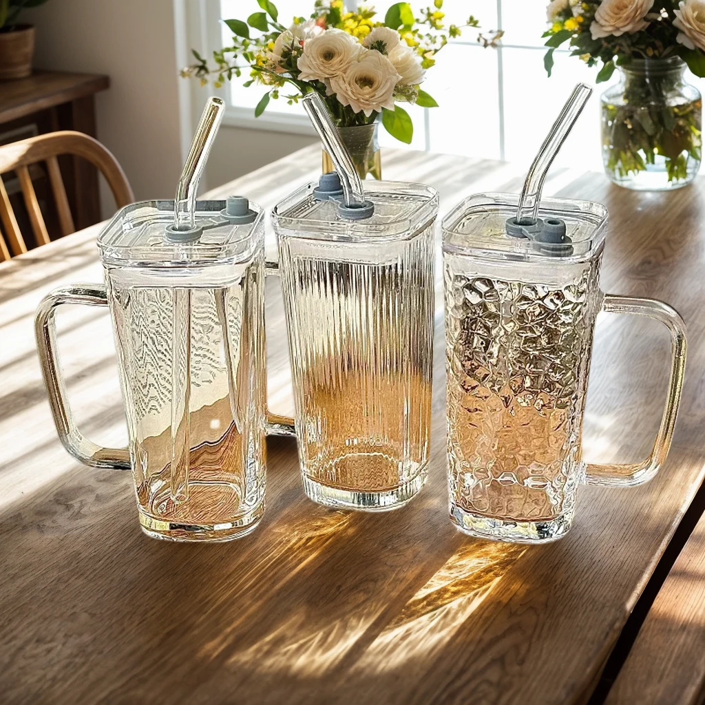 ins简约带把条纹吸管高颜值咖啡杯牛奶水杯饮料家用带盖玻璃杯