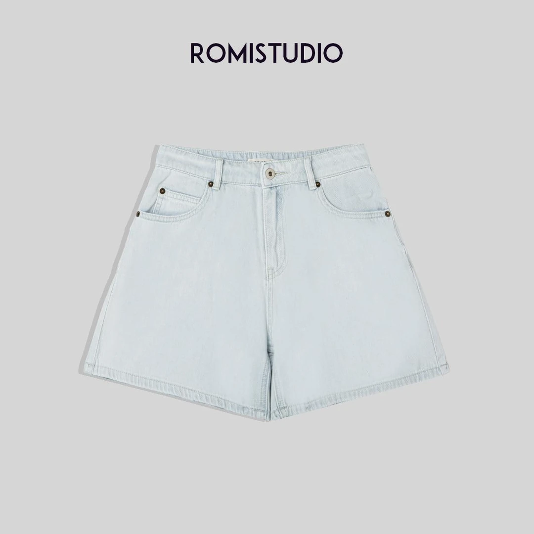 ROMI STUDIO'清凉仲夏‘’高腰显瘦基础款A字水洗蓝牛仔短裤N3758