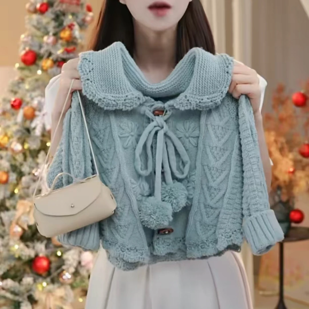 SD女童可爱洋气 毛衣娃娃衫花朵春款时尚蓝色宽松长袖7118