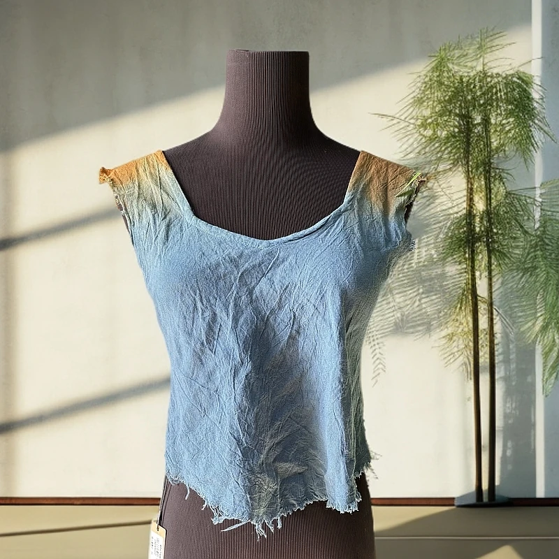 手工植物染短款休闲女装百搭舒适气质无袖夏季女士吊带背心