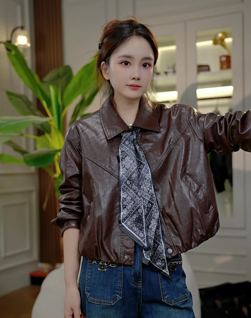2025年皮衣外套女皮立领短款长袖韩版欧若假日风8866