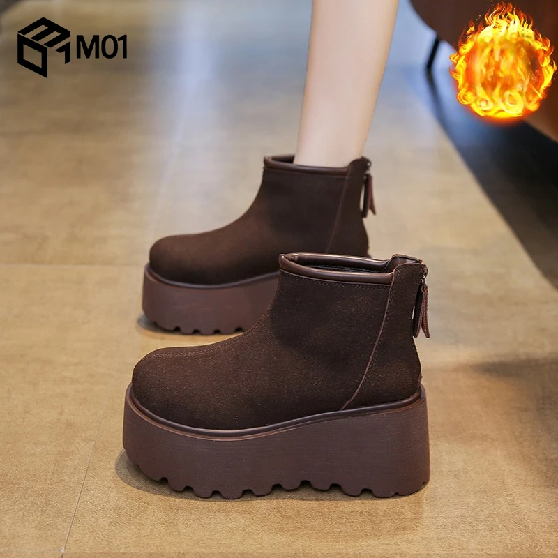 M01小个子增高8cm马丁靴女新款秋冬厚底短靴加绒保暖棉鞋小码33