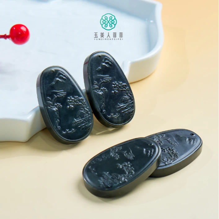 石惑珠宝^和田玉吊坠-青花山水牌32*52mm-多样性发一