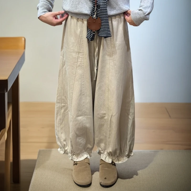卡其色花边阔腿裤女秋季大码胖mm宽松显瘦慵懒松弛感小个子花苞裤