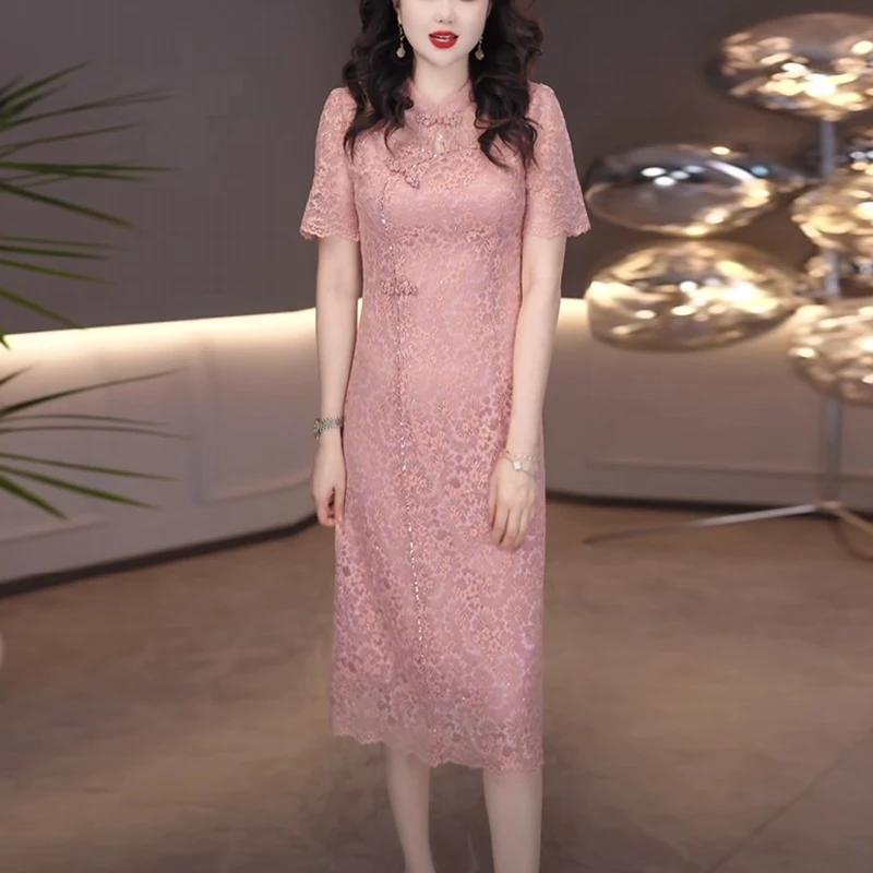 水溶蕾丝气质轻奢改良旗袍裙2025夏季新款时尚减龄修身显瘦连衣裙