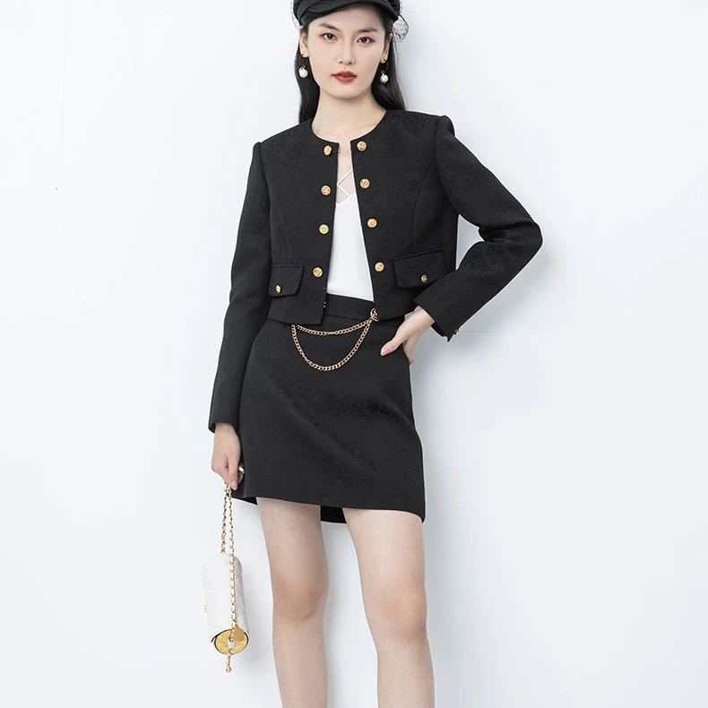 提花双排扣短款裙套装女小香风西装气质132170009显瘦秋季裙子