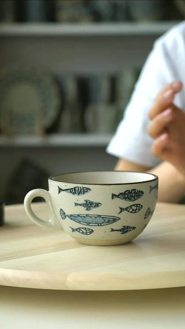 陶瓷青花手作好多鱼300ml咖啡杯@4-2@