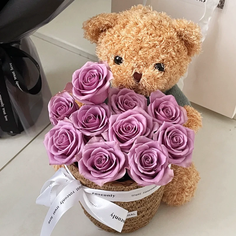 『紫玫瑰小熊』11朵紫玫瑰小熊玩偶花篮生日礼物约会送女友送爱人送朋友表白鲜花送花上门
