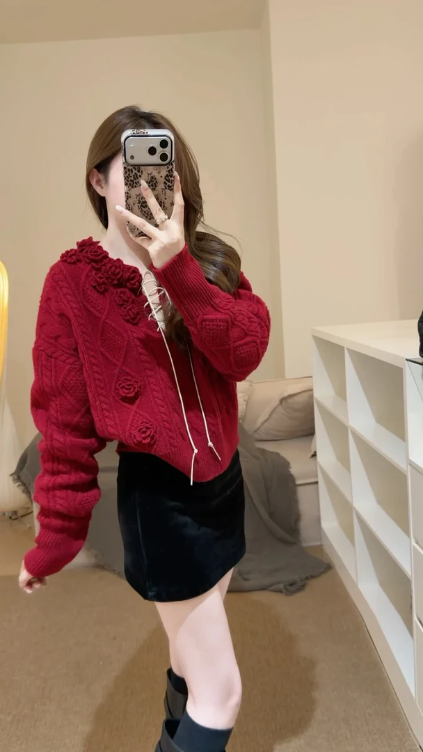 温柔风气质立体花朵毛衣女装2026早春新款红色针织上衣半身裙套装