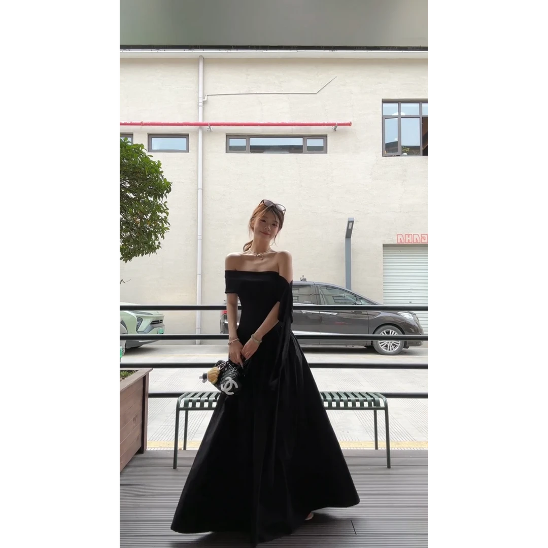 MARIE.COCO法式纯欲风一字肩连衣裙女夏季高级感气质收腰显瘦长裙