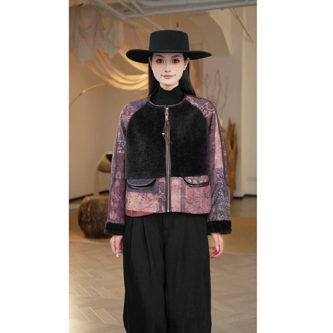 【镶守·千思】冬季设计师款国风羊皮皮毛一体白鹅绒服短款外套T818