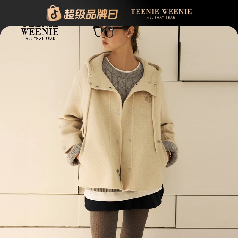 *TeenieWeenie小熊毛呢外套25冬新款中长款连帽大女衣TTJW258TCAA