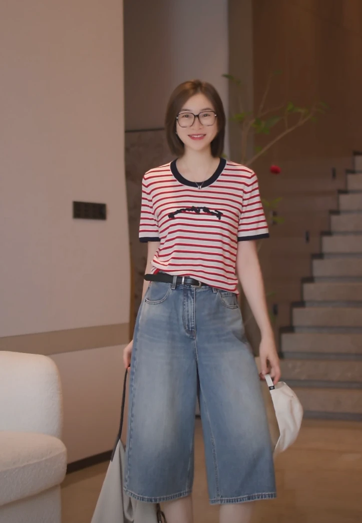 072 & RICE【果酱条】绵羊毛 夏季休闲圆领条纹短袖针织衫 32LE021