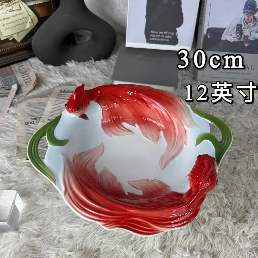 陶瓷鱼系列珐琅瓷金鱼12英寸汤碗