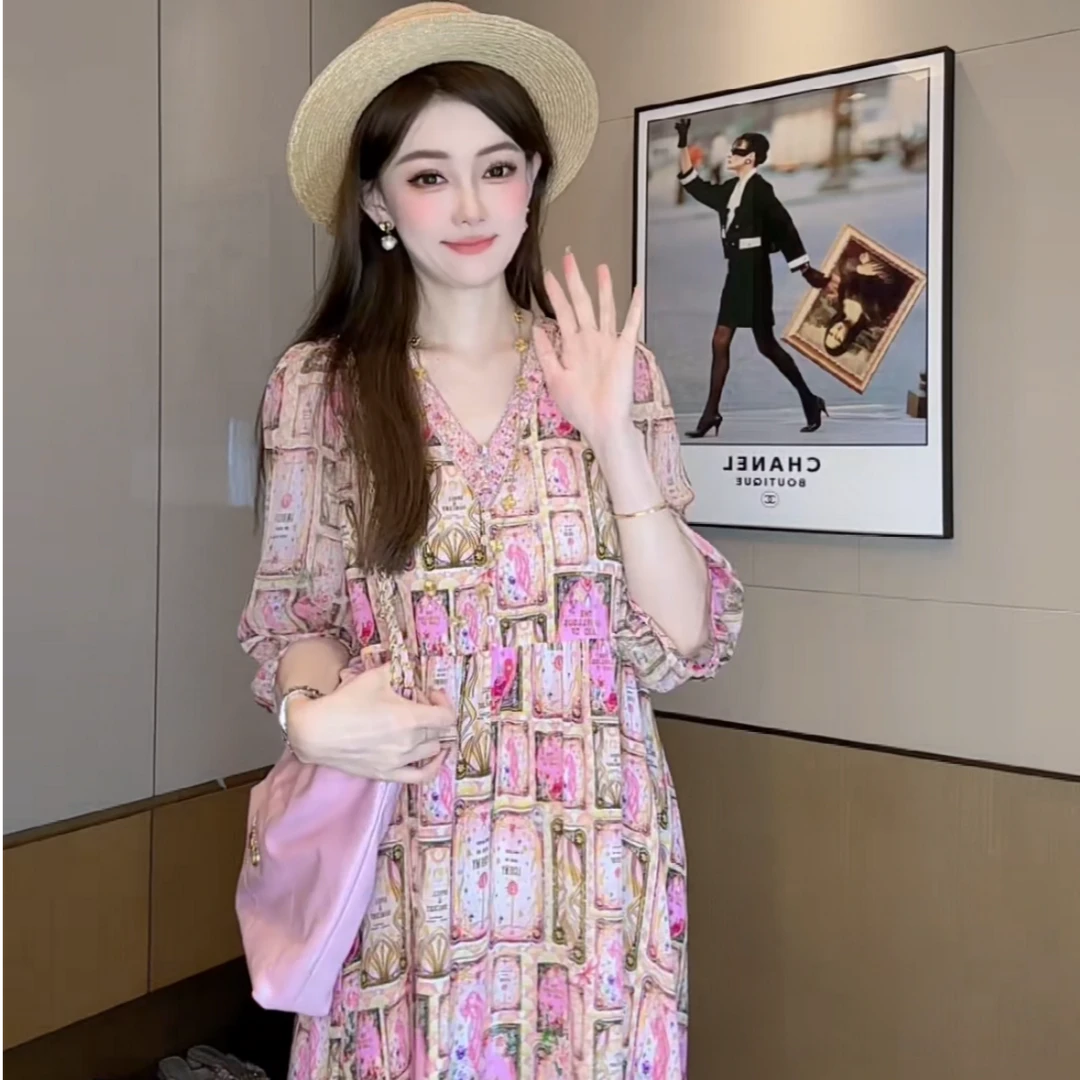 【丝芙玉禄】(S258) 100%真丝气质印花重工烫砖桑蚕丝女装连衣裙