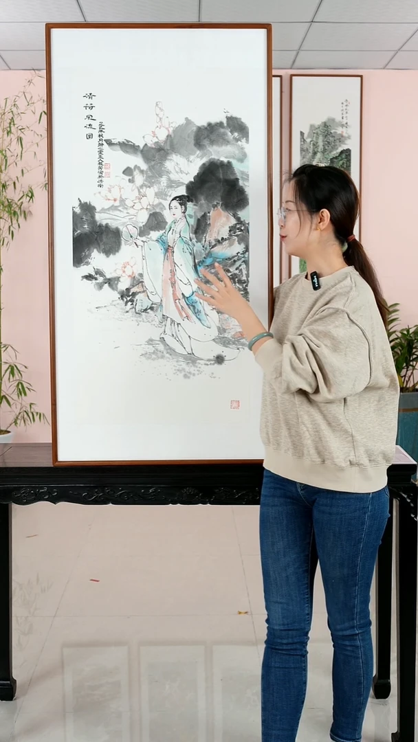 国画程芳《清荷风流图》手绘带框122*62厘米