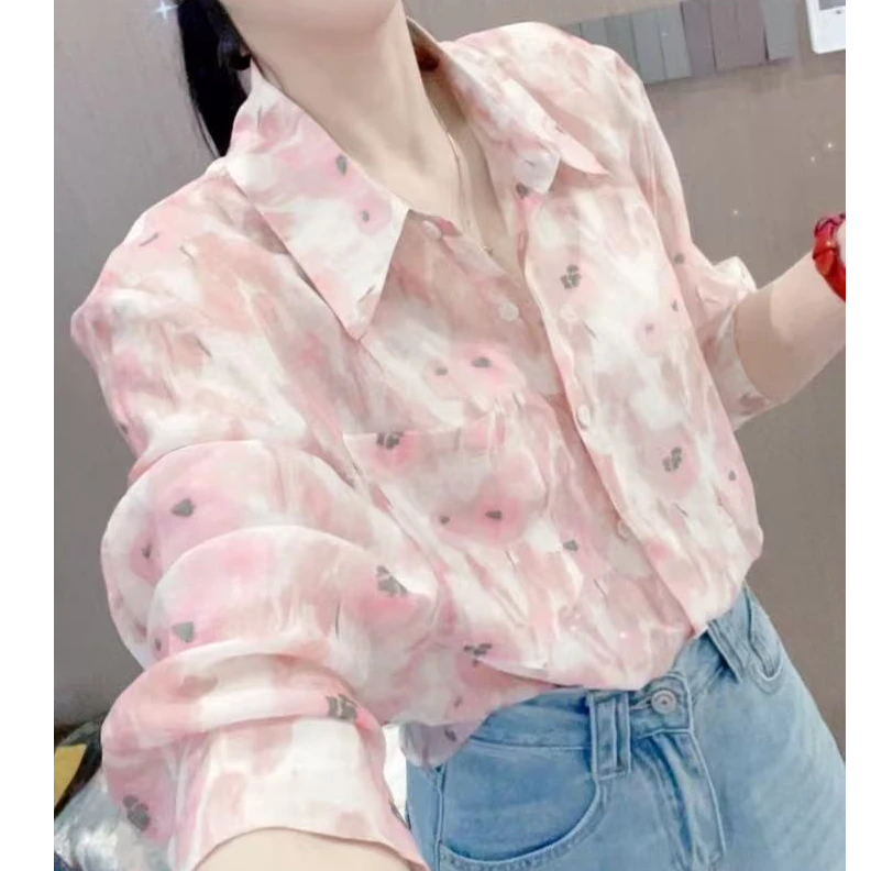 174复古洋气小众雪纺衬衫印花法式设计感夏季碎花通勤成人雪纺衫
