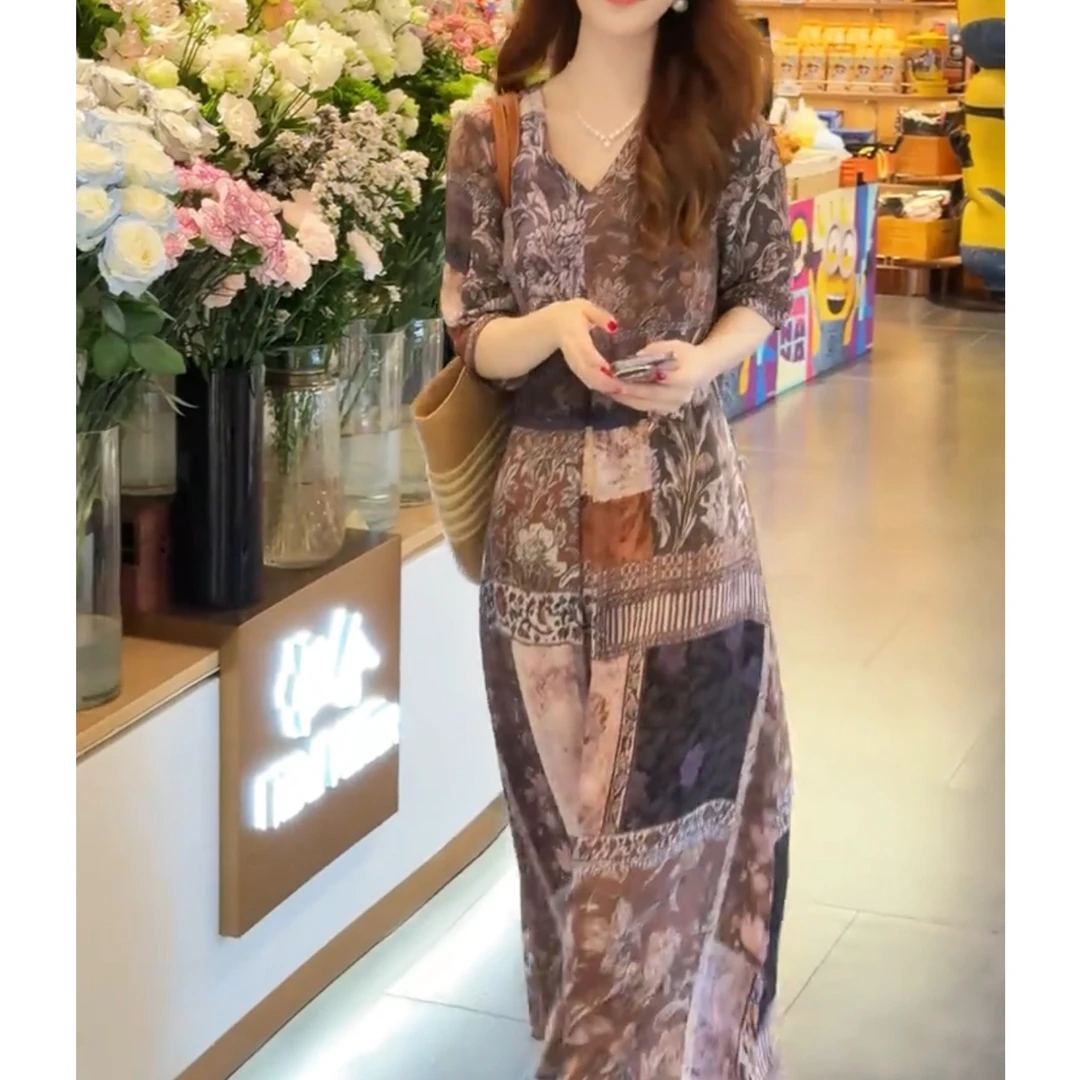 3939 轻奢大牌法式气质碎花连衣裙2025夏季新款宽松收腰显瘦长裙