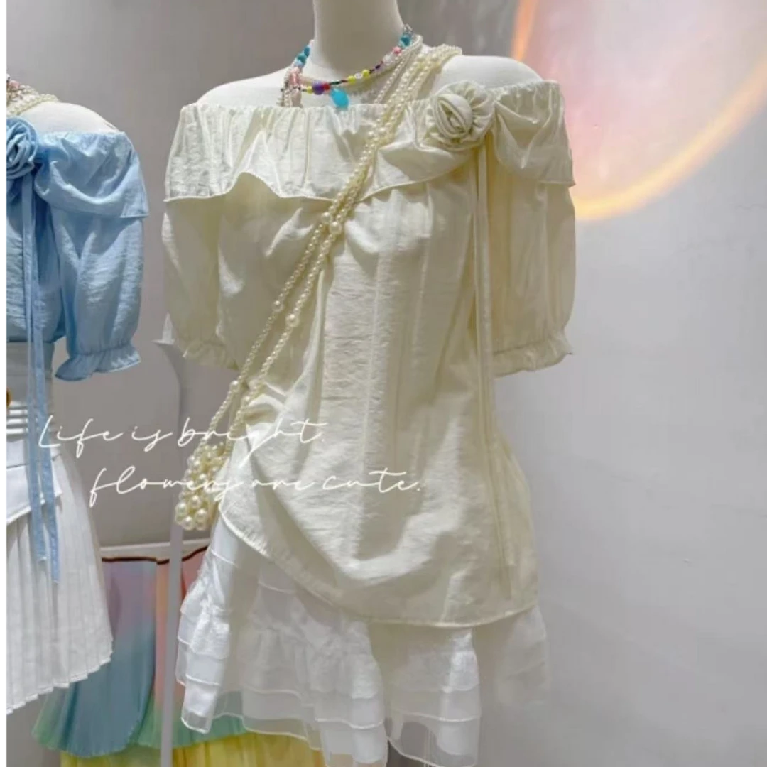 法式立体花朵露肩衬衫女2025夏洋气减龄一字肩气质显瘦上衣设计感