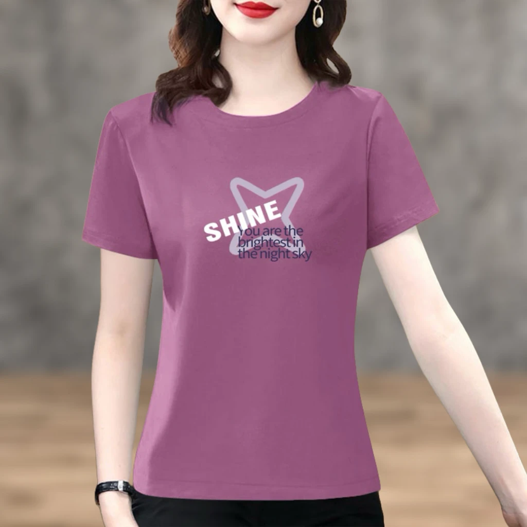 纯棉短袖T恤女装夏季大码胖mm圆领显瘦减龄百搭洋气印花上衣