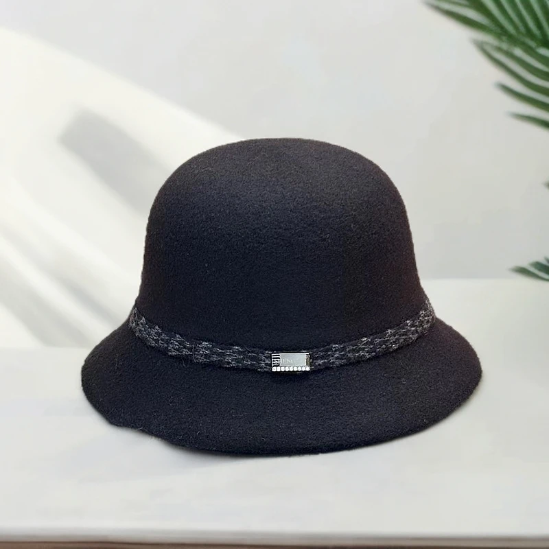 337号 SHENG YI 钻扣纯色黑色女士礼帽盆帽