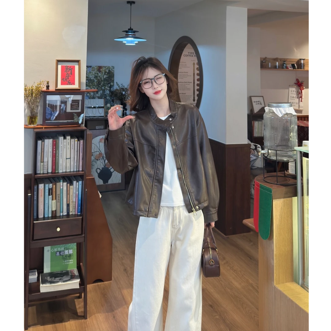 皮衣外套女款2025春季新款高级感短款休闲宽松显瘦立领PU机车夹克
