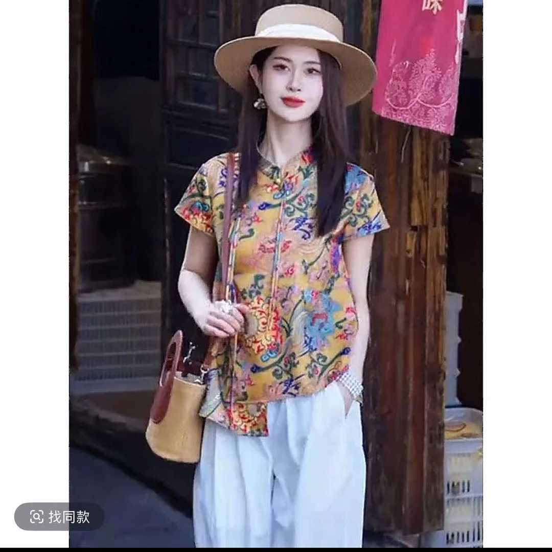 斜襟提花短袖新中式立领夏季衬衫上衣夏装时尚中国风