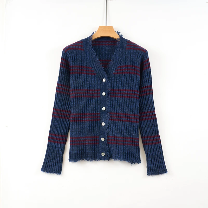 天山【100山羊绒】2025秋冬新款-小蛮腰 V领条纹羊绒衫-YKNL5793T