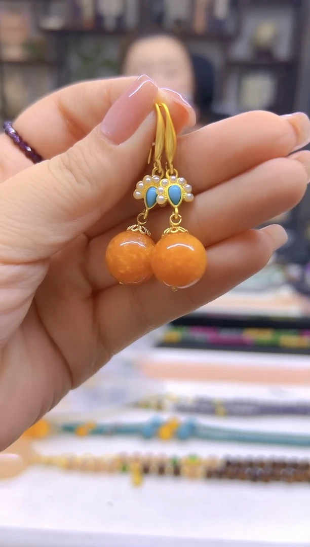 和田玉（糖玉）14K金镶嵌耳饰DIY款E476