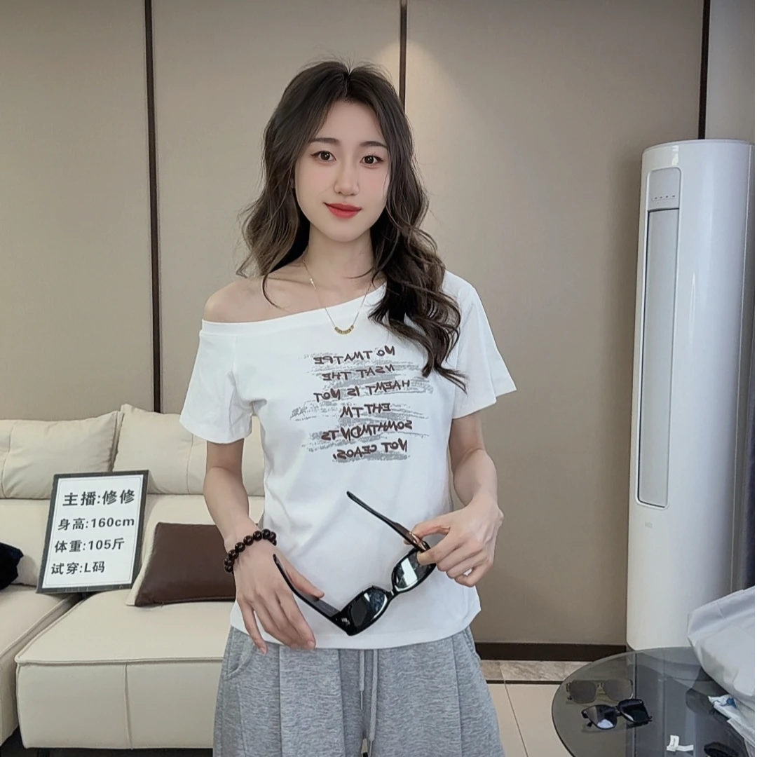字母印花斜领INS风短袖辣妹风T恤圆领显瘦短款夏季不规则设计感