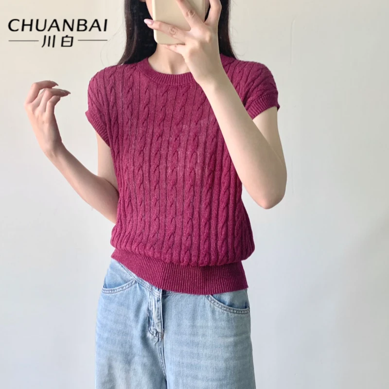 CHUANBAI 川白夏季新款和纸纱竖条纯色短袖时尚百搭针织衫