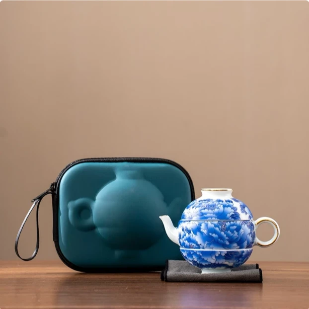 旅行茶具套装一壶二杯便携式快客杯户外露营泡茶壶高端青花瓷F725