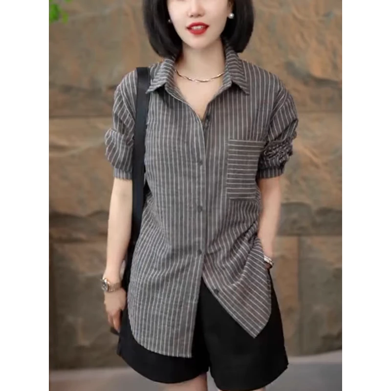 条纹衬衫女2025秋季外穿复古长袖衬衣显瘦遮肉网红洋气炸街女装