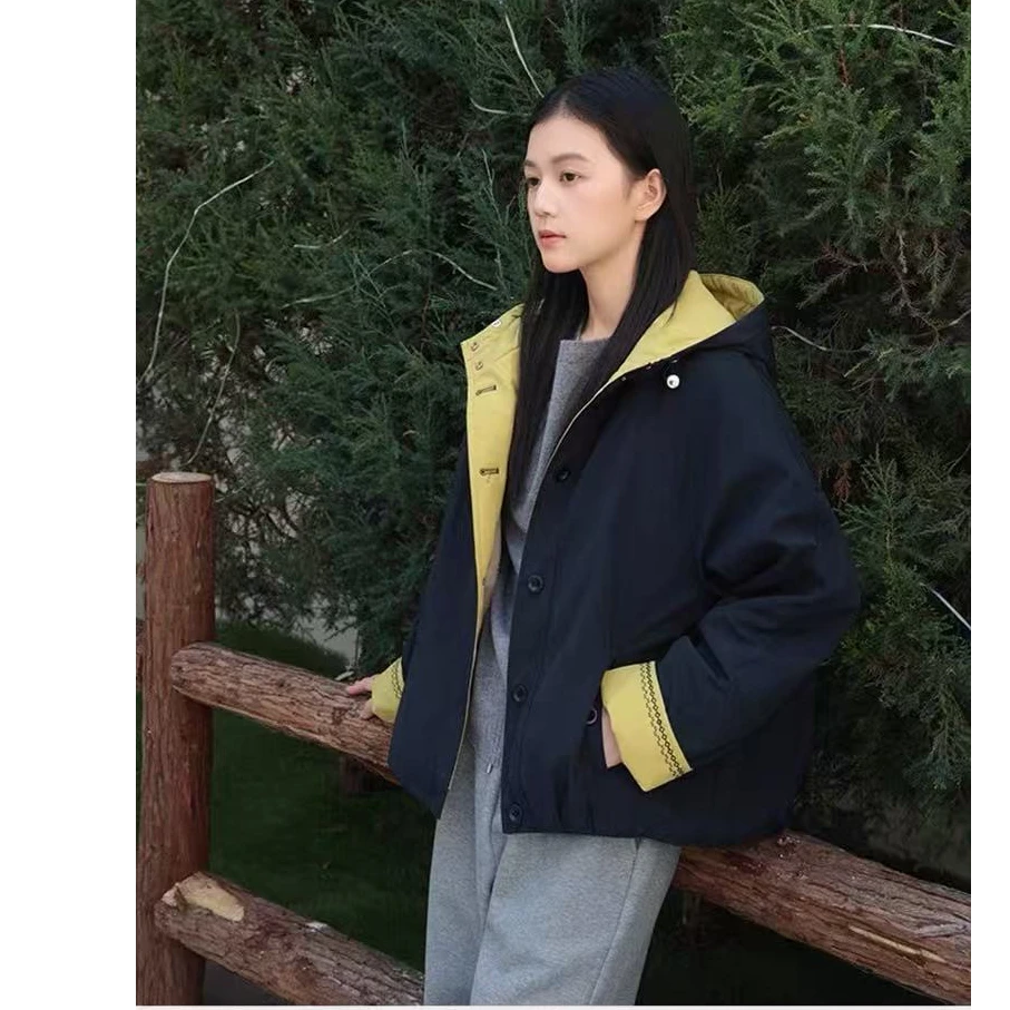 韩版撞色刺绣袖口连帽加绒加厚保暖宽松棉服长袖百搭休闲女装外套