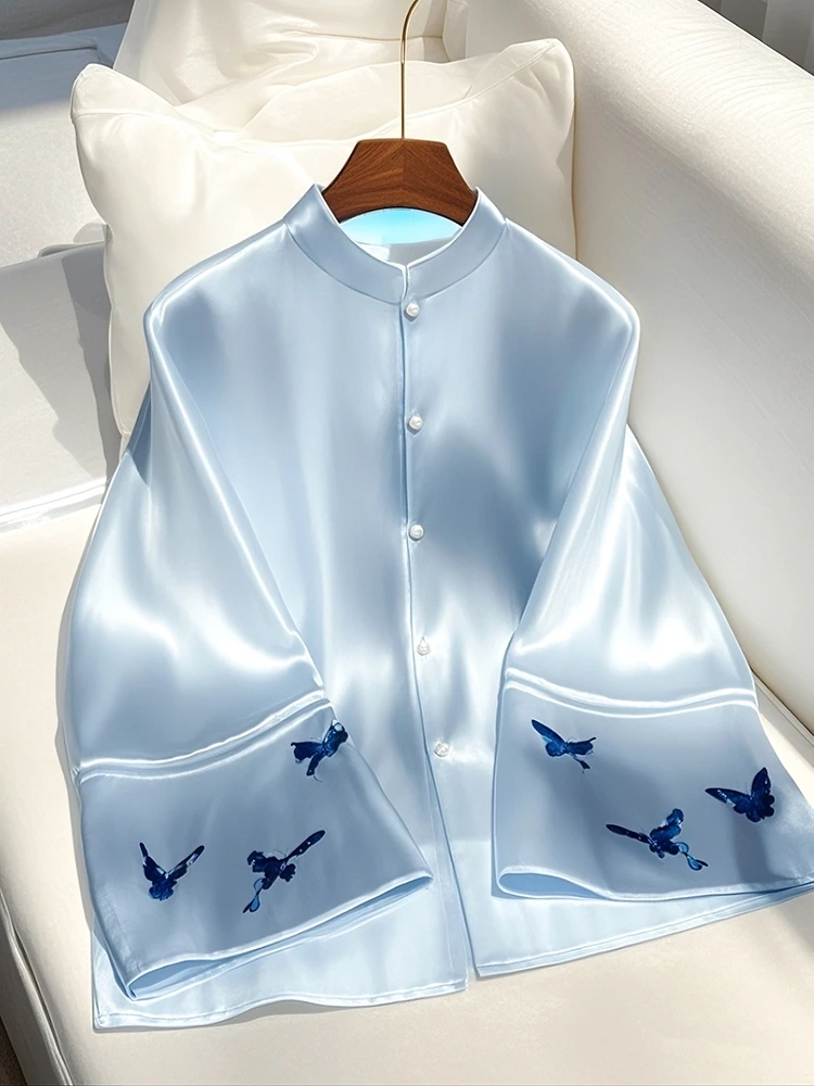 新中式女装国风蓝色缎面外套女2025早春新款宽松改良唐装盘扣上衣