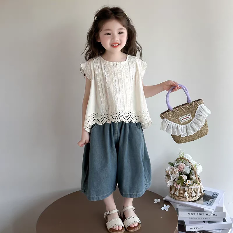 2025新款女童洋气森系夏季薄款牛仔阔腿裤套装宝宝时尚夏日两件套
