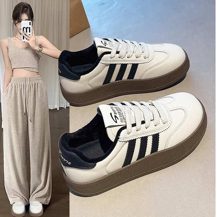 加绒爆款德训鞋女2025秋冬季新款厚底学生二棉小白鞋运动休闲棉鞋