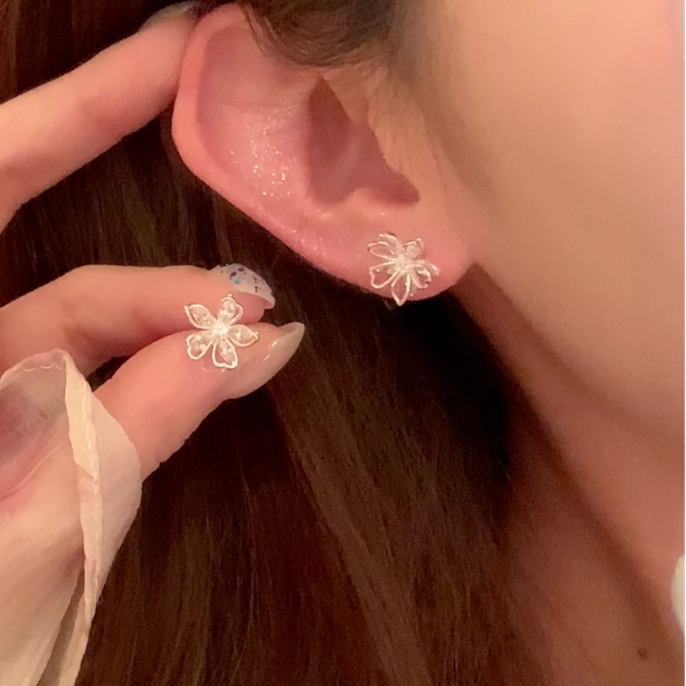 芒果饰品 铜合金锆石耳饰 气质镂空花朵耳环925银针百搭精致耳钉