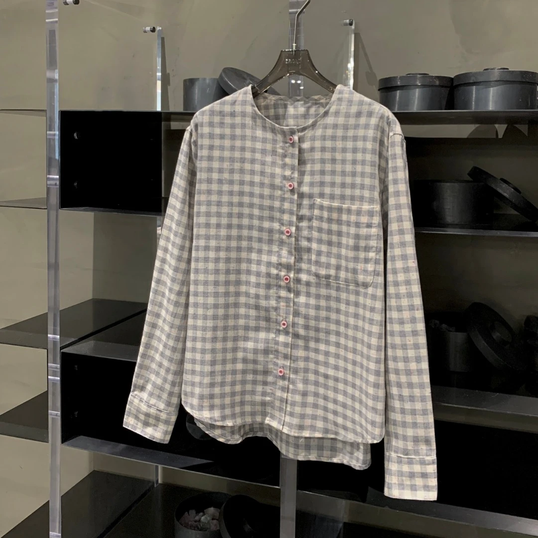 小众灰白格子彩点设计圆领长袖衬衫女 C079