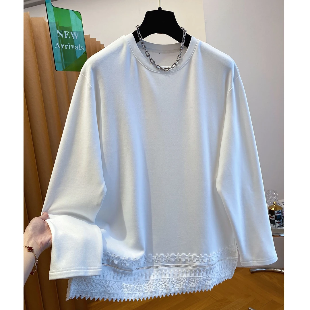高级感白色加绒t恤女长袖新款秋冬宽松内搭蕾丝打底衫遮屁股上衣