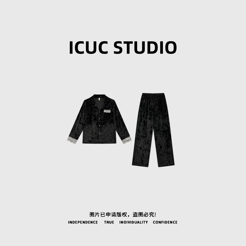 ICUC STUDIO-【金丝绒睡衣套装】拼接蕾丝丝绒睡衣两件套2737