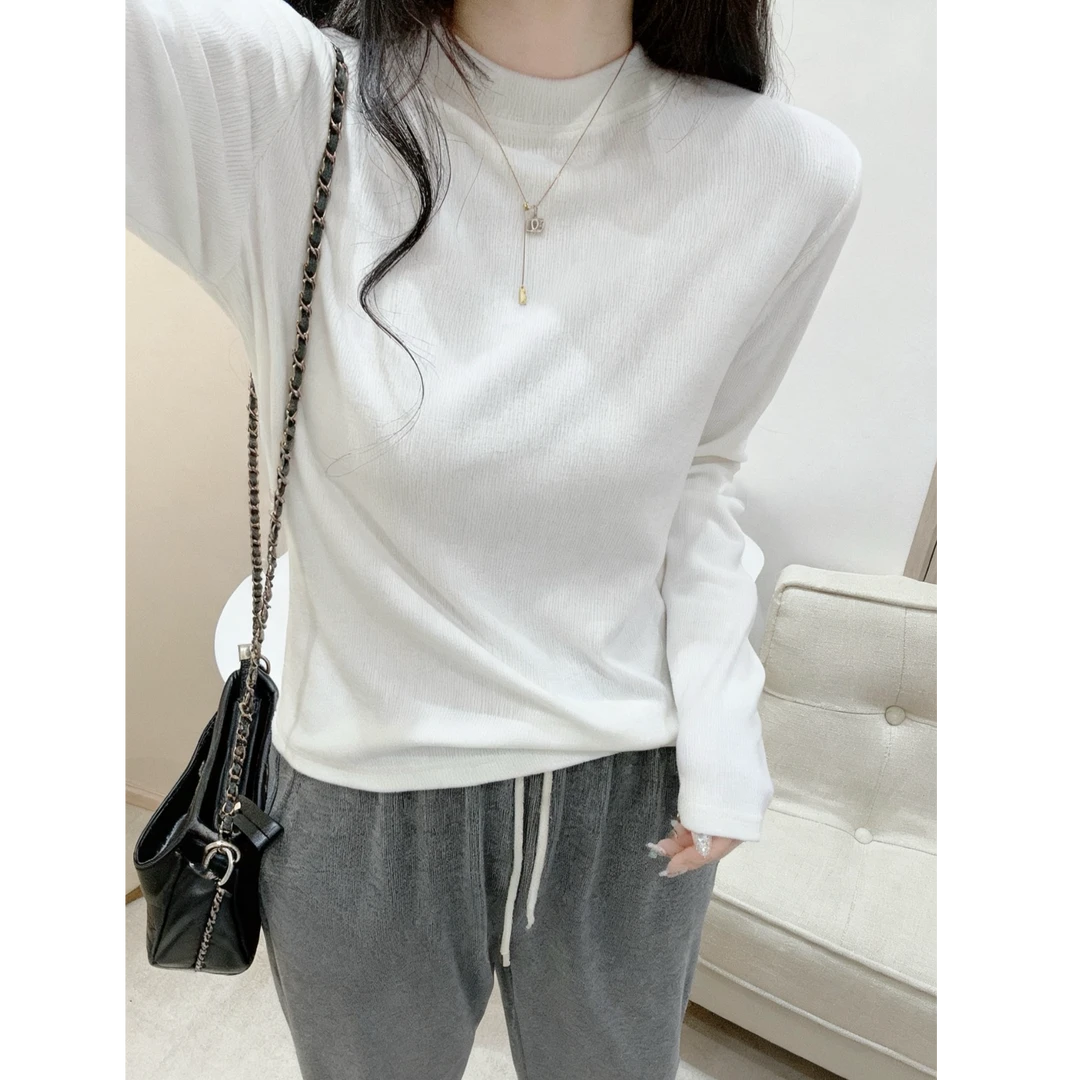 白色半高领长袖T恤女秋冬基础款修身显瘦螺纹弹力内搭打底衫上衣