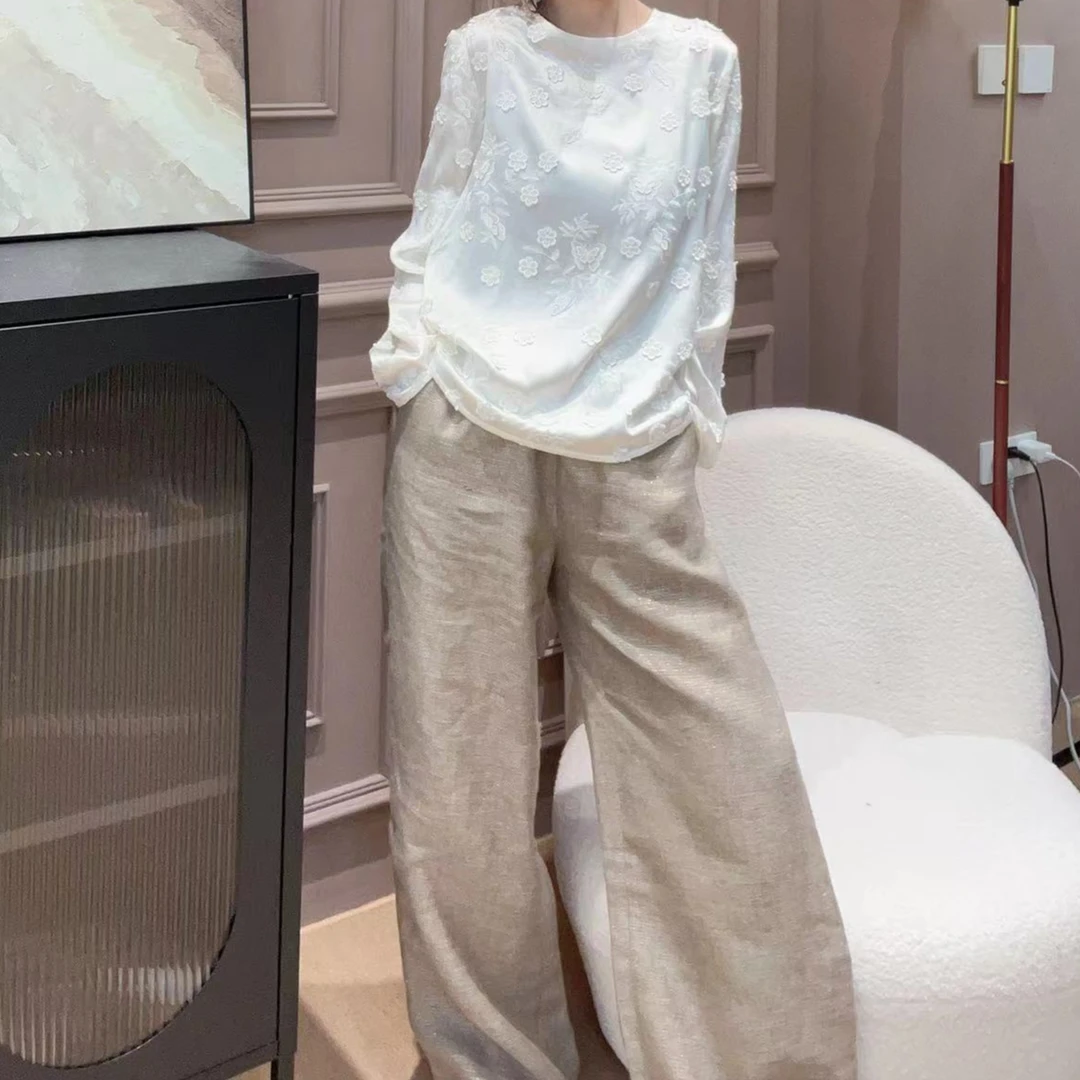 【元素家】“金棕麻”  新中式时尚气质百搭国风金丝麻裤子  03827