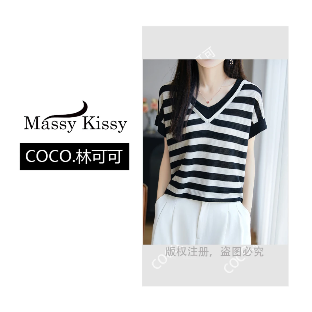 【coco林可可】法式撞色假两件V领针织短袖T恤休闲小飞袖上衣