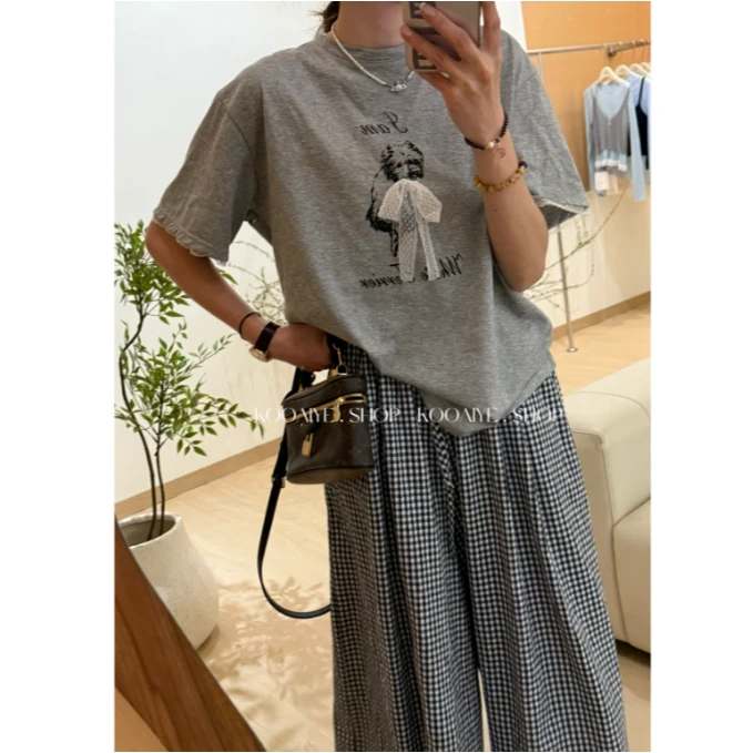 【爱尔兰】春夏新款时尚圆领宽松休闲显瘦百搭T+格子裤（可分开）
