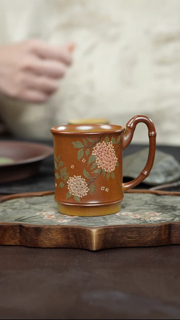 九隐茶器柴烧竹节花绘杯