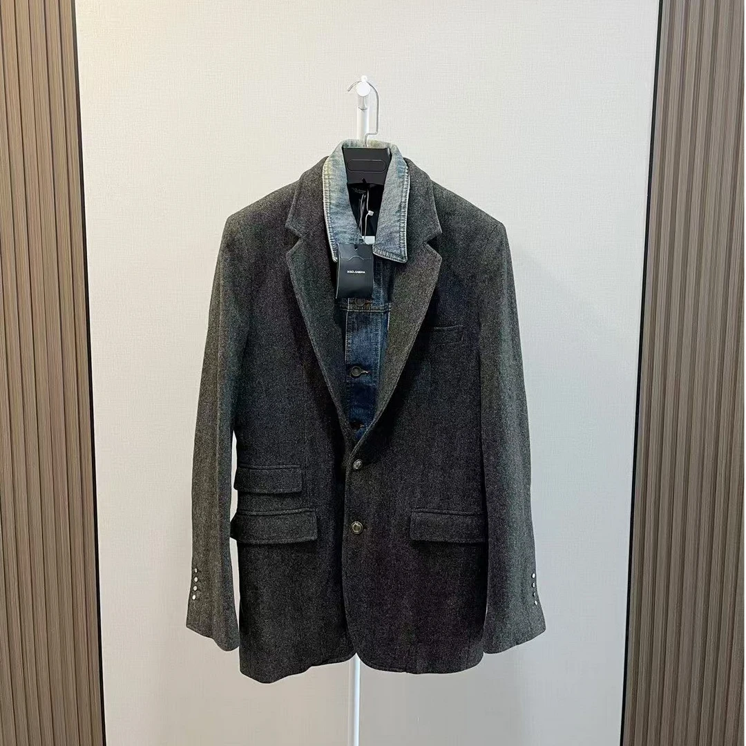 未使用 MCM /DG/高级感假两件灰色羊毛拼接牛仔蓝大衣外套/46码