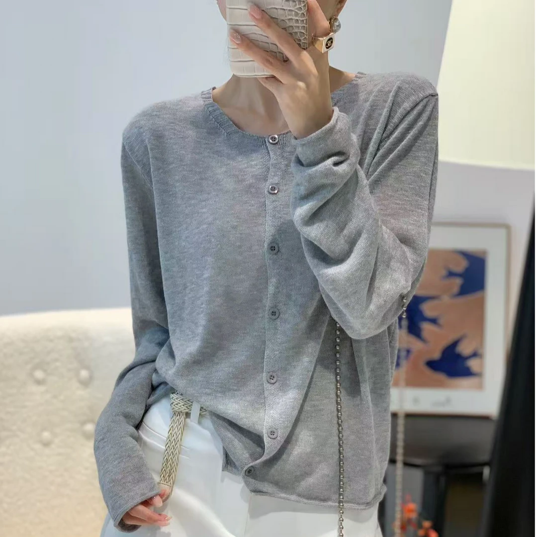 2025早秋新款韩版时尚圆领宽松显瘦长袖针织开衫女百搭薄外套上衣