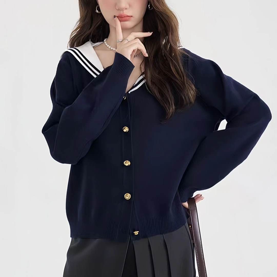 2025年新款显瘦大码海军领高级感学院风穿搭针织上衣A22